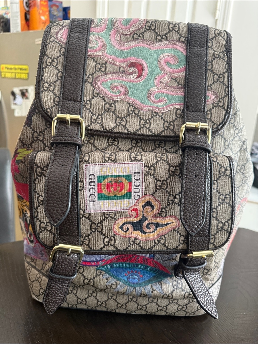 Designer Inspired Large Brown GG Supreme Canvas Backpack with Multicolor Embroid